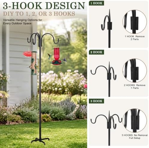 FEED GARDEN Heavy Duty Shepherds Hook 92" Triple Hooks - Metal 5-Prong Base, Adjustable (44/60/76/92") - 15lb Capacity Bird Feeder Pole for Hanging Plants, Solar Lanterns, Wind Chimes, 1 Pack