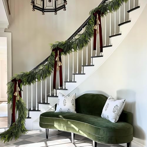 N&T NIETING 2 PCS Christmas Norfolk Pine Garland, Real Touch Pine Garlands Faux Greenery Garland Winter Christmas Garland for Table Mantle Fireplace Holiday Indoor Outdoor Xmas Decorations (6 FT)