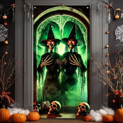 BlissYard Door Cover Skeleton Witch Haunted House 35x71 Inch Polyester