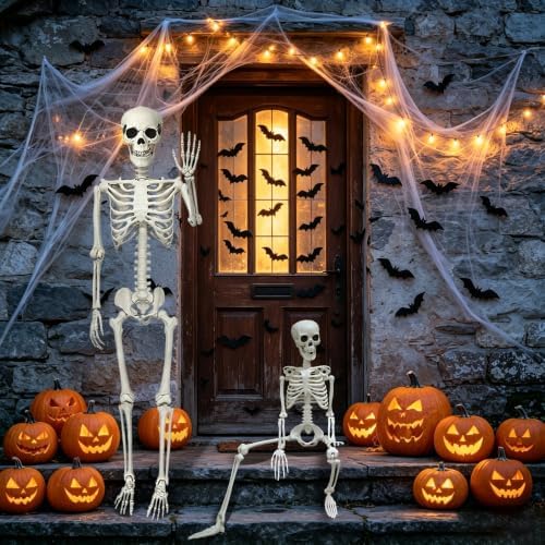 CAMIRUS 5.4ft & 3ft Posable Life Size Plastic Skeleton Halloween Decor