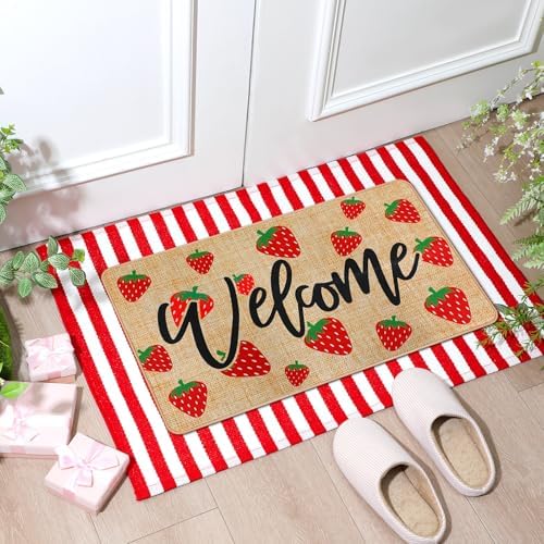 Tinideya 2 Pcs Strawberry Door Mat Set, Outdoor Welcome Front Mat