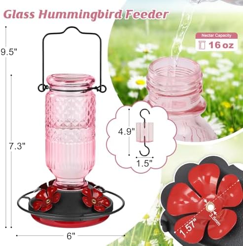 FEED GARDEN Glass Hummingbird Feeder for Outdoors Hanging, 16 OZ Humming Bird Feeders with 4 Bee Guard Feeding Ports & Built-in Ant Moat, Hummingbird Gifts for Mom Bird Feeder for Outside, Pink,2 Pack