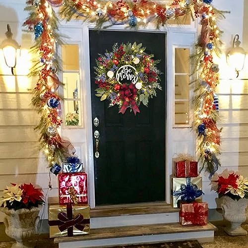 Prelit Christmas Wreath for Front Door Outside,22 inch Be Merry Wreath with red Black Buffalo Plaid Bow,Lighted Farmhouse Christmas decoration-30 LED Light/Timer,Winter Door Wreath, Porch Decor