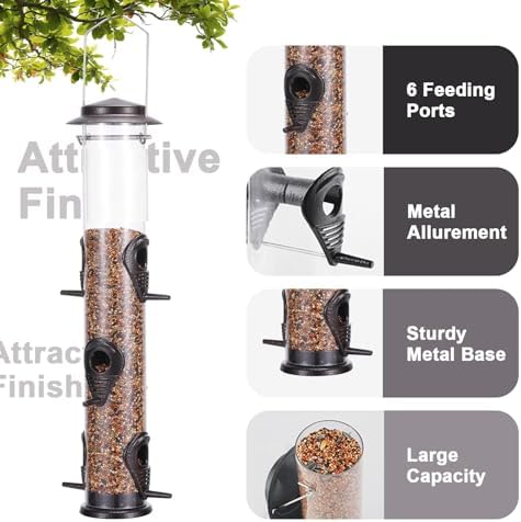 MIXXIDEA 2PK Metal Bird Feeders with 6 Feeding Ports,Tube Bird Feeder with Steel Hanger,Hard Plastic Wild Bird Feeder for Outdoors Hanging, Attracting Birds in Your Lawn, Garden, Balcony (Coffee)