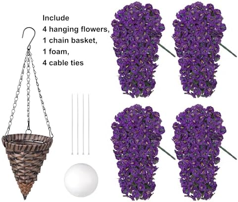 Artificial Fake Flowers Plants Hanging Baskets Outdoor Outside Spring Decor, Faux Silk Purple UV Resistant Look Real Morning Glory Home Patio Porch Balcony Decoration