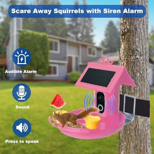 Bird Feeder with Camera - 4K HD Live View, Smart Bird Feeder Solar Powered, AI Recognition Auto Capture Video, 3-in-1 Feeding & Bathing & Hummingbird, Outdoor Garden Bird House (Pink)