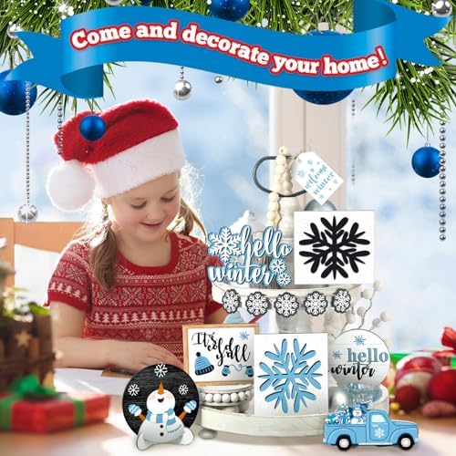 FairySandy 15 Pcs Winter Tiered Tray Decor Snowman Snowflakes Wooden Signs