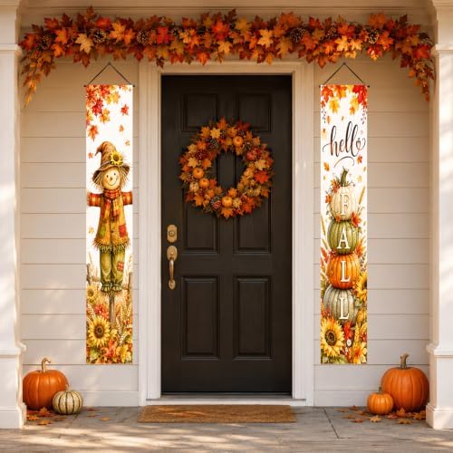 IVN Fall Scarecrow Pumpkin Tower Porch Banners 12x71 Inch Set of 2
