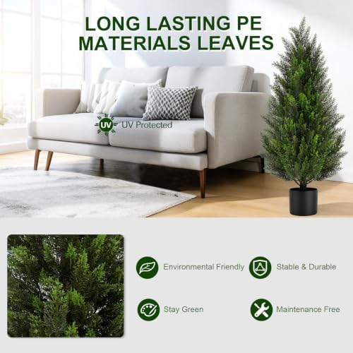 VIVATREES 4FT Artificial Topiary Cedar Trees, UV-Resistant Faux Evergreen Outdoor Plants, Artificial Pine Tree for Outdoor Front Porch Patio Entryway Decor, Set of 2