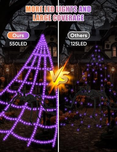 Halloween Decorations Outdoor Spider Web Lights - 16.4Ft Light Up Spider Web with 550 LEDs, Waterproof, 8 Modes Memory Function for Outdoor Yard Halloween Decorations (with Spider)