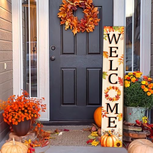 Fall Leaves Welcome Sign for Front Door, 47'' Autumn Porch Sign Farmhouse Warm Greeting Wooden Door Sign Rustic Vertical Porch Sign Pumpkin Standing Welcome Yard Signs for Patio Outdoor Indoor