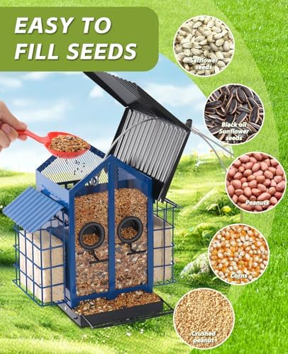 Metal Bird Feeders for Outdoors Hanging Bird House with Solar Lights, Blue