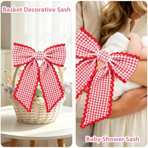 Wreath Sash for Front Door, 2 Pcs Red Gingham Wreaths Scarf Decor