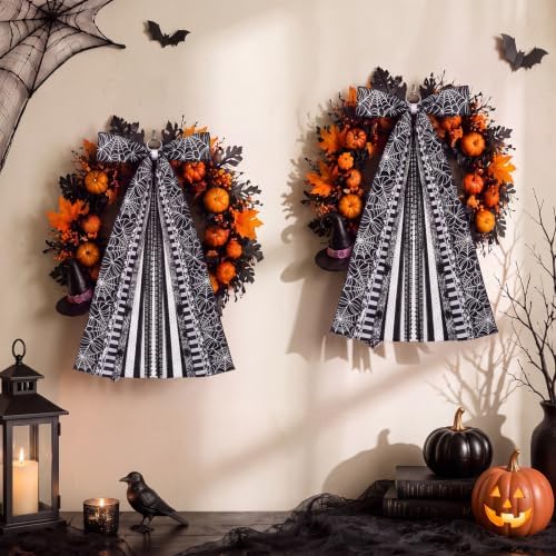 Suncalla 2 Pcs Halloween Black Spider Web Ribbon Bow for Wreath Front Door