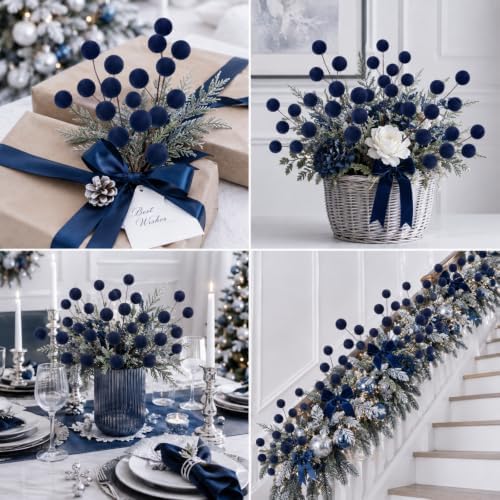 Suncalla 8 Pcs Velvet Christmas Tree Picks, Foggy Blue Ornament Stems