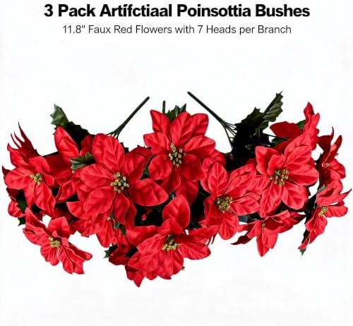 3 Pack Artificial Poinsettia Bushes, 11.8" Faux Red Poinsettia Flowers with 7 Heads Each, Realistic Silk Christmas Flower Picks for Tree, Wreath, Garland, Table Centerpieces, Holiday Décor