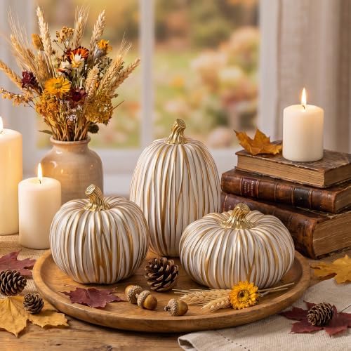 Fall Pumpkin Decor, 3 Pcs White and Gold Resin Pumpkin Decorations for Home