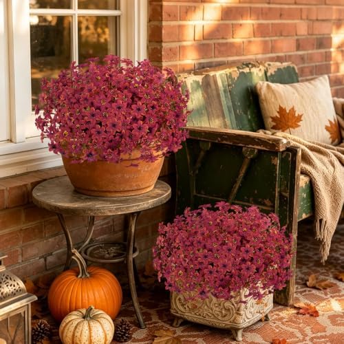 12 Pcs Artificial Fall Flowers for Outdoors, UV Resistant Fake Mums Porch
