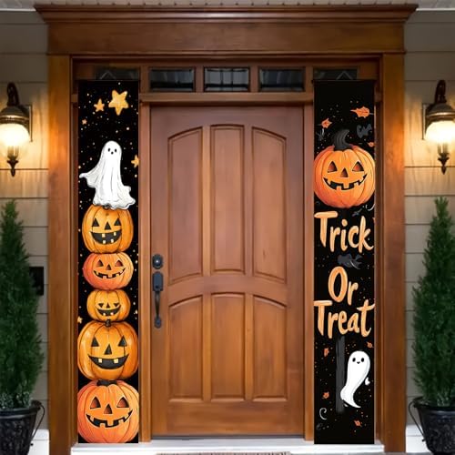 BlissYard Halloween Porch Banner 12x71 Inch Trick or Treat Door Sign Jack O Lantern Pumpkin Outdoor Hanging Decoration Happy Halloween Vertical Yard Flag for Home Party Entryway