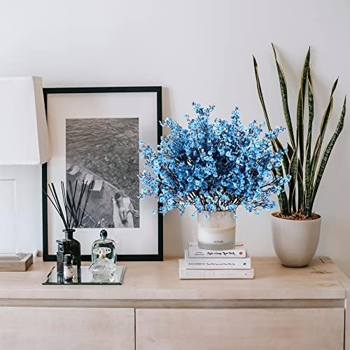 Sggvecsy 6 Pcs Babys Breath Artificial Flowers Gypsophila Bouquets Bulk Real Touch Fake Silk Flowers for Home Wedding DIY Floral Arrangement Kitchen Table Centerpiece Festival Decoration (Blue)