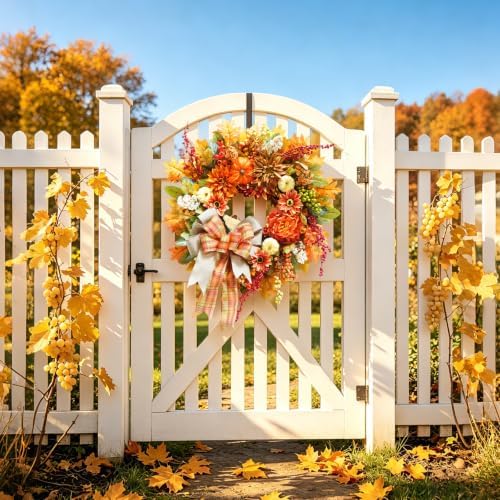Fall Wreaths for Front Door 24", Fall Door Wreath with Plaid Bow & Dahlias