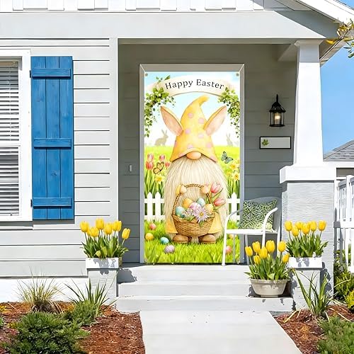 Easter Door Cover Banner with Gnome Design, Spring Front Door Decoration for Porch & Home, 35.4×70.8in with Rope