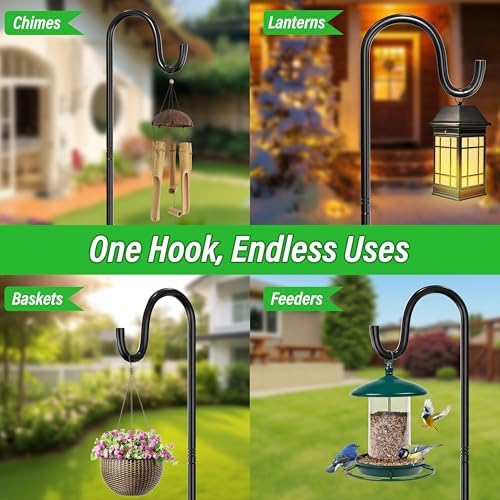 60″ Adjustable Shepherd Hook for Outdoor, Heavy Duty Bird Feeder Pole with 7-Prong Base, Metal Garden Hook for Hanging Lanterns Solar Lights String Lights Plants Wind Chimes Hummingbird Feeder（1‑Pack）