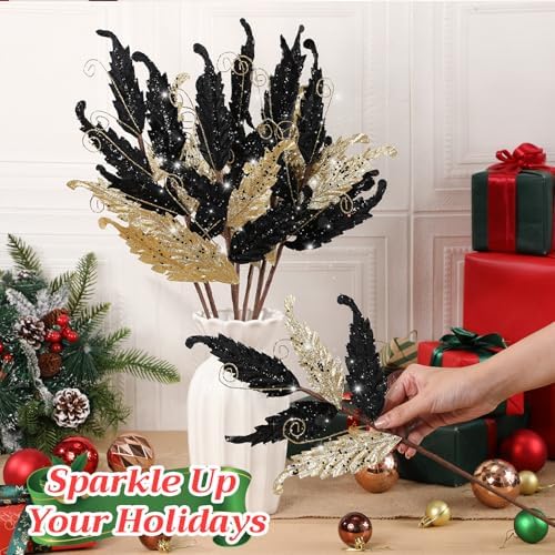 HyDren 10 Pcs Christmas Glitter Leaves Ornaments, Gold and Black