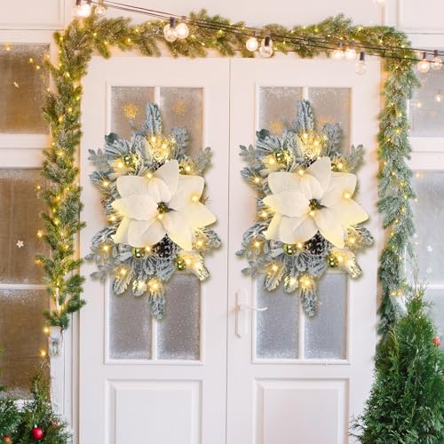 Hotop 3Pcs Artificial Christmas Swags 17.7" Lighted Berries, Champagne Gold