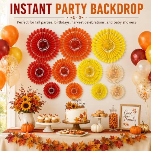 Fall Hanging Honeycomb Round Paper Fans Decoration Autumn Pumpkin Theme Tissue Paper Fan Garland for Shower Birthday Graduation Wedding Party Supplies 11 Count