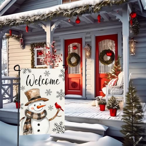 Winter Snowman Welcome Garden Flags Double Sided 12 x 18 inch Snowflakes Yard Flags Snow Burlap Garden Flag for Outside Yard Garden Porch Lawn Farmhouse Decoration