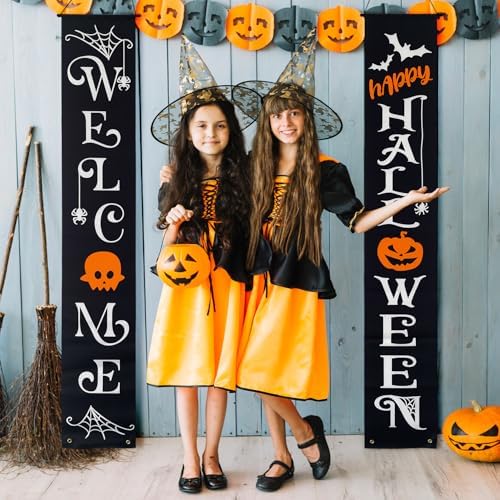Halloween Porch Banners Happy Halloween Welcome Front Door Decorations