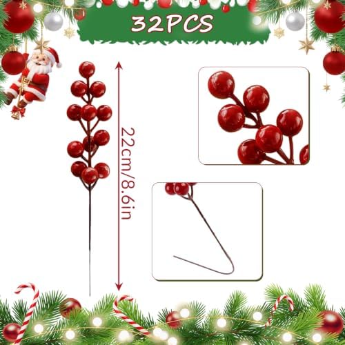 Fangoo 32 Pack 9" Artificial Burgundy Red Berry Picks for Christmas Tree