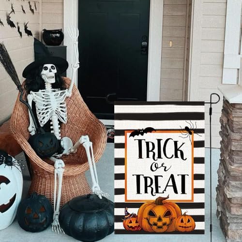LosFong Trick or Treat Halloween Garden Flag 12x18 Inch Double Sided Burlap Scary Halloween Pumpkin Bat Spider Stripes Farmhouse Small Yard Flag for Outside Decoration (Halloween)