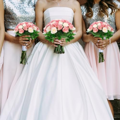 36 Pcs Pink Champagne Rose Artificial Flowers Bulk with Long Stem