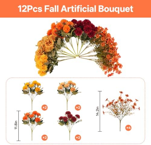 12 PCS Artificial Fall Flowers for Outdoors, UV Resistant Fake Mums