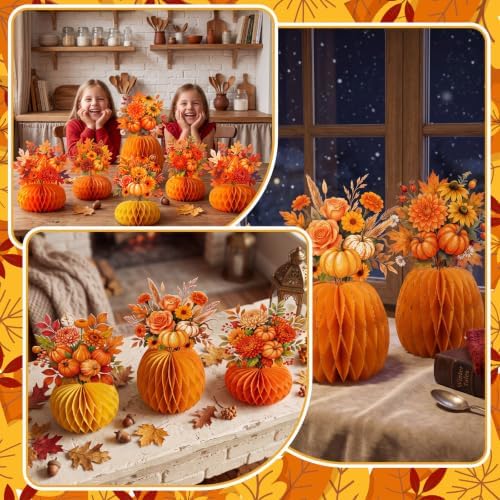AmazingSpark 9 Pcs Fall Paper Honeycomb Centerpiece for Table Flower Decor