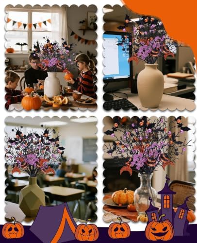 6Pcs Halloween Glitter Berry Picks, Decor Branch Stems for Vase Tabletop Party Decor