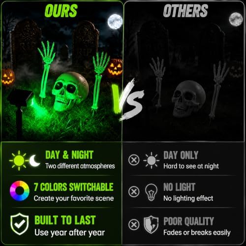 7P Halloween Skeleton Decorations Outdoor with Solar Spotlight, 2 Skull