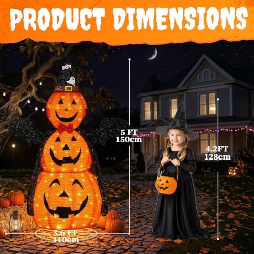 5 FT Halloween Lighted Pumpkins Outdoor, Jack-o'-Lantern, 130 LEDs