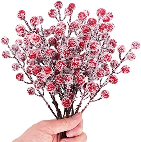 24 Pieces Artificial Holly Berry Stems 9" Christmas Berry Picks Sprays Snowy Fake Red Berries for Xmas Tree Branches Fillers Ornaments Valentine DIY Crafts Wedding Home Party Winter Decor (24, Red)