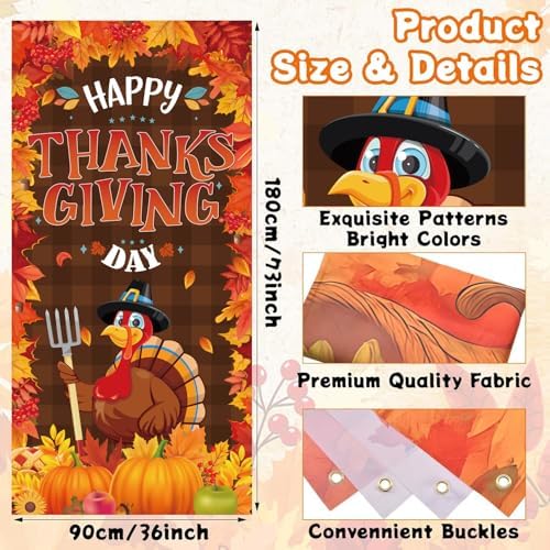 Happy Thanksgiving Door Banner Porch Sign, Fall Harvest Turkey Pumpkin Door Cover Banner, Thanksgiving Indoor Outdoor Party Decorations