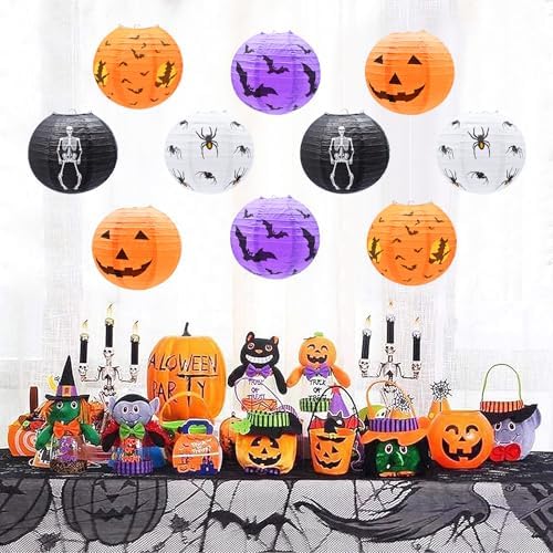 10-Pack Halloween Paper Lanterns Set – 10" Hanging Pumpkin Skeleton Bat Spider Witch Lanterns for Indoor Outdoor Halloween Party, Porch, Classroom Decorations