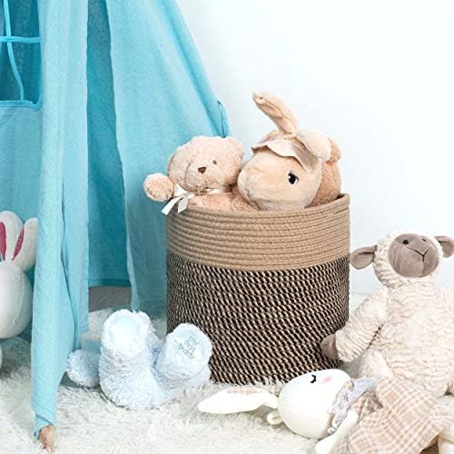 MINTWOOD Design 11 x 11 Inches Cotton Rope Basket for Flower Pot and Indoor Floor Planters, Decorative Round Woven Plant Pot Basket, Planter Covers, Small Dog Toy Storage Baskets, Black