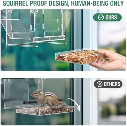 Window Bird Feeder with Dual Side Storage, Strong Suction Cups and Adhesive