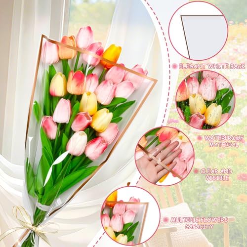 Jansun 40Pcs White Flower Bouquet Sleeves & Ribbon Set
