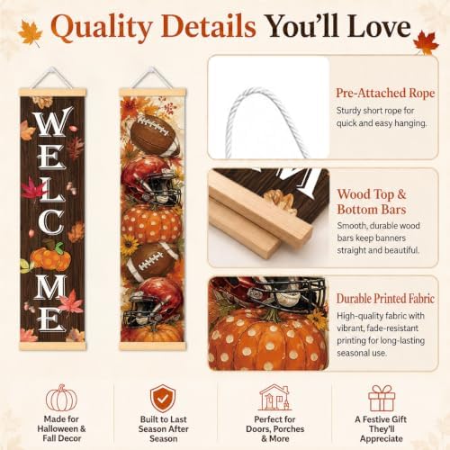 Welcome Fall Door Banner Set of 2, Pumpkin Porch Decor with Football Accent