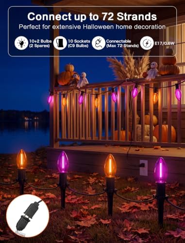 SUNSGNE Halloween Pathway Lights, 19.5Ft Halloween Stake Lights with 10 Count C9 LED Orange and Purple Bulbs for Lawn Yard Sidewalk Garden Decoration