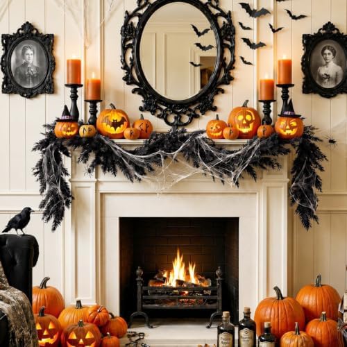 6FT Black Halloween Garland, Spooky Cedar Hanging Vine with Spiders and Web