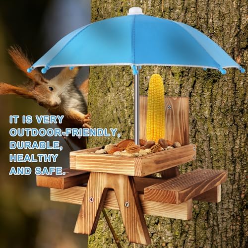 Gnodary Squirrel Feeder with Umbrella, Squirrel Feeders for Outside, Squirrel Picnic Table Feeder - Chipmunk Feeder Hold Corn, Corn Cob, Peanuts (Light-Blue)